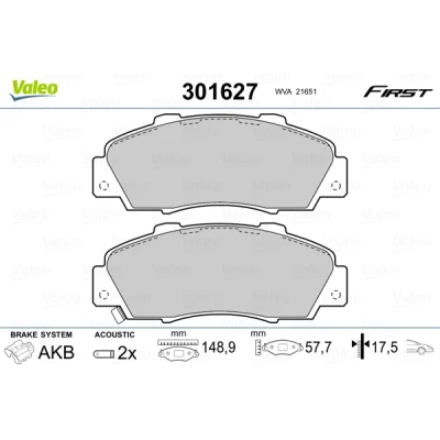 Bilde av VALEO 301627 Bremseklosser FIRST framaksel inkl. slitasjevarselkontakt uten antiskrike blikk HONDA: CR V 1, ACCORD 6 Coupe, PRELUDE 4