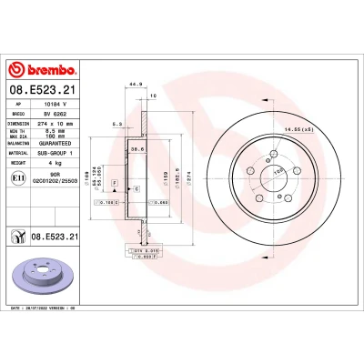 Bilde av BREMBO 08.E523.21 Bremseskiver 274 10 5 fullt ut belagt