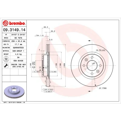 Bilde av BREMBO 09.3149.14 Bremseskiver 259 20,2 4 innvendig ventilert med skruer