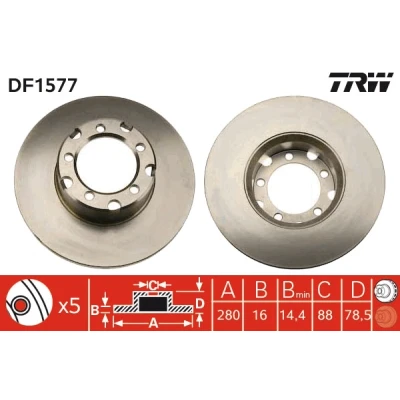 Bilde av TRW DF1577 Bremseskiver 280 16 5 132 fullt ut spraylakkert MERCEDES BENZ: T2/LN1 Flatvogn lastebil/Chassis