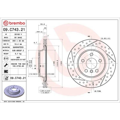 Bilde av BREMBO 09.C743.21 Bremseskiver 300 20 5 innvendig ventilert, slisset / perforert belagt høy karbon med skruer