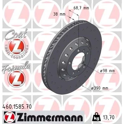 Bilde av ZIMMERMANN 460.1585.70 Bremseskiver 390 38 7/5 5 130 ventilert, hullet, todelt bremseskive belagt legert / høykull PORSCHE: Panamera
