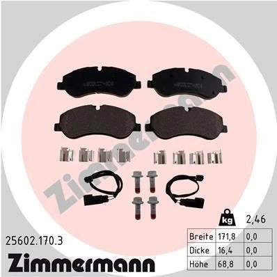 Bilde av ZIMMERMANN 25602.170.3 Bremseklosser inkl. slitasjevarselkontakt med skruer Bildet viser leveranseinnholdet, glideplate