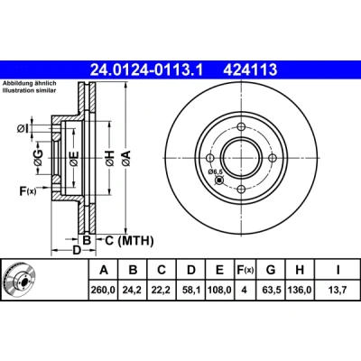 Bilde av ATE 24.0124 0113.1 Bremseskiver 260,0 24,2 4 108,0 ventilert FORD: Sierra Mk2 Hatchback, Mk1 Sedan