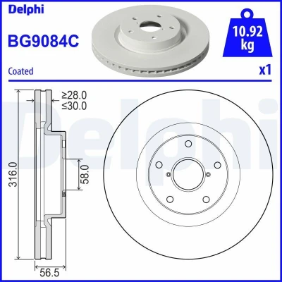 Bilde av DELPHI BG9084C Bremseskiver 316 30 5 ventilert belagt ubehandlet uten hjullager, ABS sensorring SUBARU: Outback IV, V