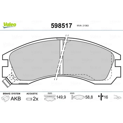 Bilde av VALEO 598517 Bremseklosser framaksel inkl. slitasjevarselkontakt uten antiskrike blikk MITSUBISHI: Outlander 3, 2 SUV, Lancer 8 Limousine