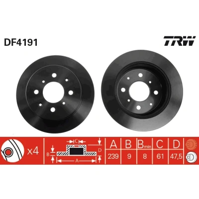 Bilde av TRW DF4191 Bremseskiver 239 9 4 100 fullt ut spraylakkert HONDA: Jazz 2, CIVIC 6 Coupe, 3