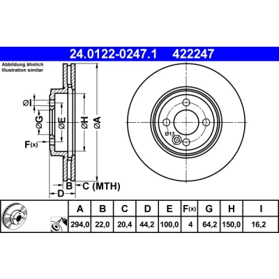 Bilde av ATE 24.0122 0247.1 Bremseskiver 294,0 22,0 4 100,0 ventilert belagt høy karbon MINI: Hatchback, Clubman