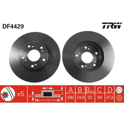 Bilde av TRW DF4429 Bremseskiver 280 25 5 114,3 ventilert spraylakkert høy karbon HONDA: Accord 7 Limousine, Tourer