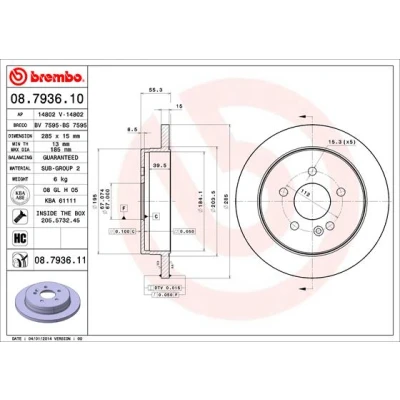 Bilde av BREMBO COATED DISC LINE 08.7936.11 Bremseskiver 285 15 5 fullt ut belagt høy karbon med skruer MERCEDES BENZ: ML Klasse