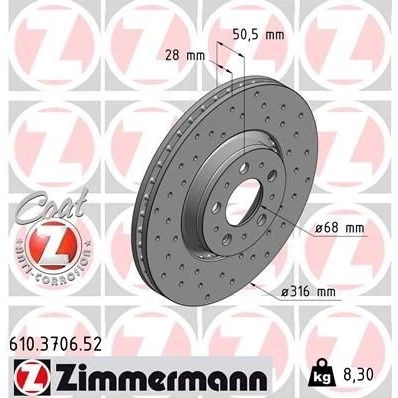 Bilde av ZIMMERMANN SPORT COAT Z 610.3706.52 Bremseskiver 316 28 10/5 5 108 utvendig ventilert, hullet belagt VOLVO: V70 2, XC90 I, S60 I