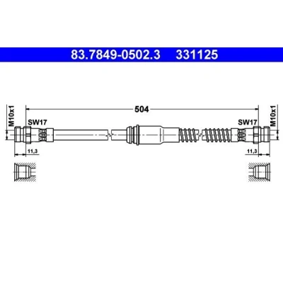 Bilde av ATE 83.7849 0502.3 Bremseslange 504 VOLKSWAGEN: GOLF 5, 6, Scirocco III, AUDI: A3 Sportback, Hatchback, SKODA: Superb II Stasjonsvogn