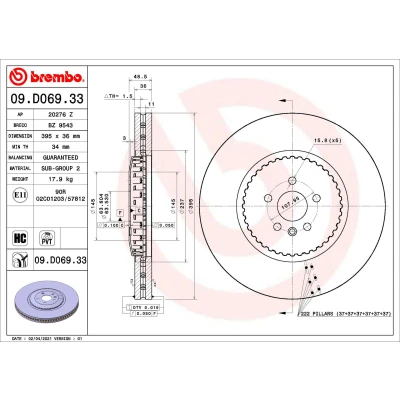 Bilde av BREMBO 09.D069.33 Bremseskiver 395 36 5 todelt bremseskive, innvendig ventilert belagt høy karbon LAND ROVER: Range Rover Velar