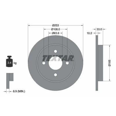 Bilde av TEXTAR PRO 92088403 Bremseskiver 253 10,2 04/04 108 fullt ut belagt uten hjulfestebolt, hjulnav FORD: FIESTA 6, Sierra Mk2 Hatchback