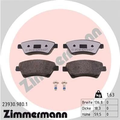 Bilde av ZIMMERMANN 23930.980.1 Bremseklosser med skruer Bildet viser leveranseinnholdet RENAULT: MEGANE 2 Kombi, SCENIC 2, Kangoo I Express