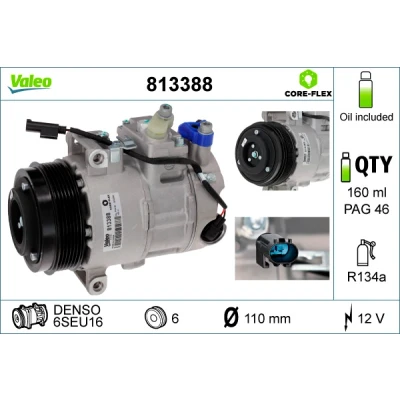 Bilde av VALEO NEW ORIGINAL PART 813388 Kompressor 6SEU16 12 PAG 46 R 134a med kompressorlje MERCEDES BENZ: C Klasse Sedan, SLK, T modell