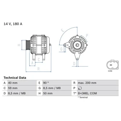 Bilde av BOSCH 0 986 083 310 Dynamo 14V 180A VOLKSWAGEN: Transporter 5, Crafter 30 50 Flatvogn lastebil/Chassis, Golf 7, SKODA: Superb III Stasjonsvogn