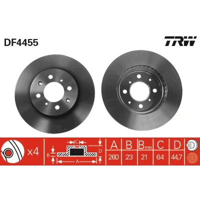 Bilde av TRW DF4455 Bremseskiver 260 23 4 100 ventilert spraylakkert HONDA: CIVIC 7 Hatchback