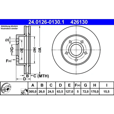 Bilde av ATE 24.0126 0130.1 Bremseskiver 305,0 26,0 5 127,0 ventilert belagt JEEP: GRAND CHEROKEE 2
