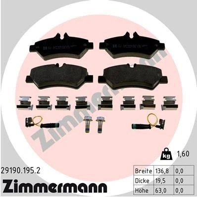 Bilde av ZIMMERMANN 29190.195.2 Bremseklosser inkl. slitasjevarselkontakt med skruer Bildet viser leveranseinnholdet, glideplate