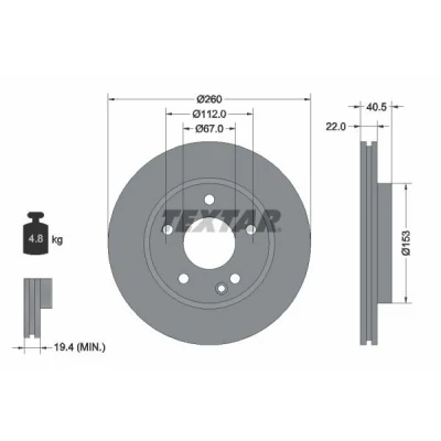 Bilde av TEXTAR PRO 92091303 Bremseskiver 260 22 05/06 112 innvendig ventilert belagt uten hjulfestebolt, hjulnav MERCEDES BENZ: A Klasse