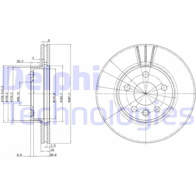 Bilde av DELPHI BG3025 Bremseskiver 288 25 5 ventilert oljet ubehandlet uten hjullager, ABS sensorring VOLKSWAGEN: Sharan I, FORD: Galaxy Mk1 MPV