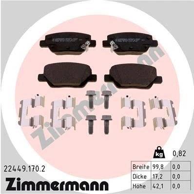 Bilde av ZIMMERMANN 22449.170.2 Bremseklosser med akustisk slitasjevarsel skruer Bildet viser leveranseinnholdet, glideplate