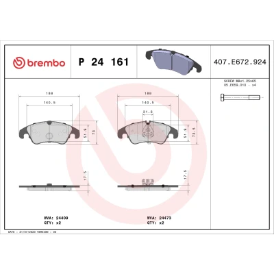 Bilde av BREMBO P 24 161 Bremseklosser ekskl. slitasjevarselkontakt med bremsecaliperskruer uten tilbehør FORD: Focus 2