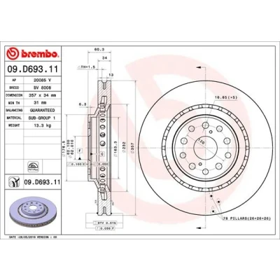 Bilde av BREMBO 09.D693.11 Bremseskiver 357 34 5 innvendig ventilert belagt LEXUS: LS IV