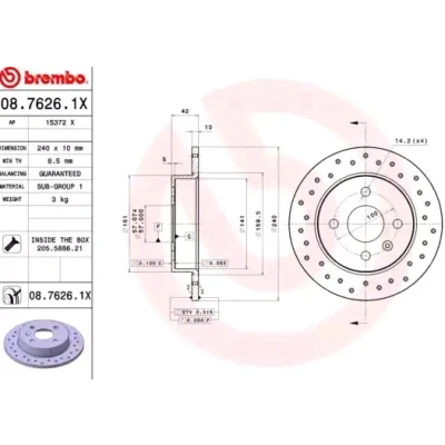 Bilde av BREMBO XTRA LINE 08.7626.1X Bremseskiver 240 10 4 fullt ut, hullet belagt med skruer OPEL: Astra H Caravan, Meriva A, GTC