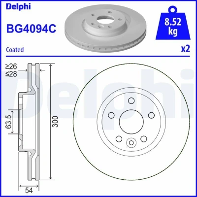 Bilde av DELPHI BG4094C Bremseskiver 300 28 5 ventilert belagt ubehandlet uten hjullager, ABS sensorring VOLVO: S80 II, V70 3, V60 I