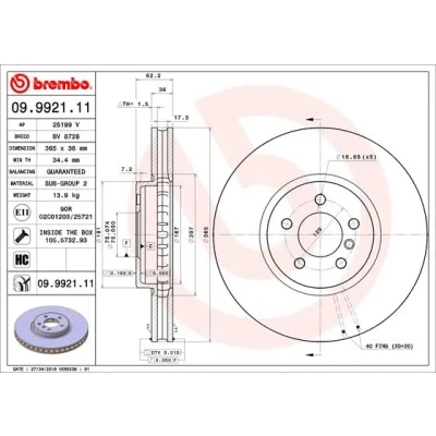 Bilde av BREMBO COATED DISC LINE 09.9921.11 Bremseskiver 365 36 5 innvendig ventilert belagt høy karbon med skruer BMW: X5, X6