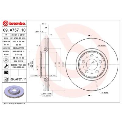 Bilde av BREMBO COATED DISC LINE 09.A757.11 Bremseskiver 320 28 5 innvendig ventilert belagt høy karbon med skruer VOLVO: V70 2, XC70 I Cross Country, S80