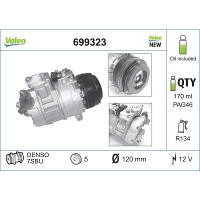 Bilde av VALEO NEW ORIGINAL PART 699323 Kompressor 7SBU16 12 PAG 46 R 134a med kompressorlje BMW: 5 Sedan