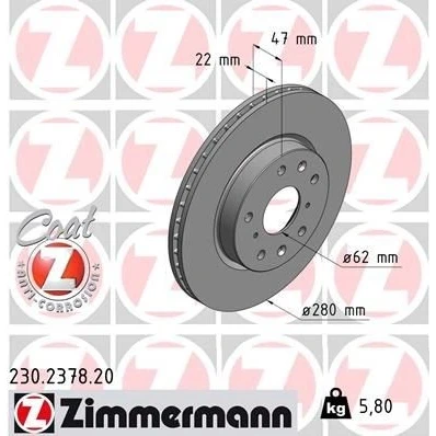 Bilde av ZIMMERMANN COAT Z 230.2378.20 Bremseskiver 280 22 9/5 5 114 innvendig ventilert belagt SUZUKI: SX4 I Hatchback