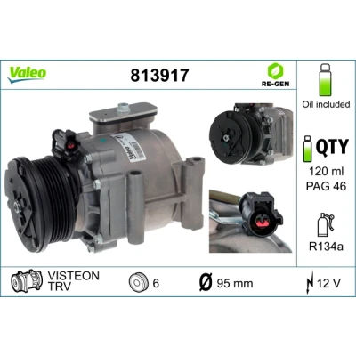 Bilde av VALEO 813917 Kompressor TRV 12V PAG 46 R134a med kompressorlje REMANUFACTURED FORD: FIESTA 6