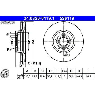 Bilde av ATE PowerDisc 24.0326 0119.1 Bremseskiver 313,0 25,9 5 112,0 ventilert belagt høy karbon VOLKSWAGEN: Transporter 4 Bus, 4, Sharan I