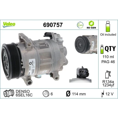 Bilde av VALEO 690757 Kompressor 5SE 12 PAG 46 R 134a, 1234yf med kompressorlje PEUGEOT: 3008 I, CITROËN: C4 I Hatchback