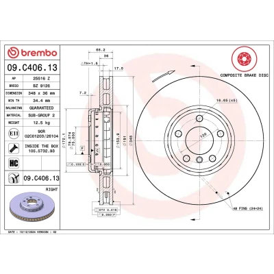 Bilde av BREMBO TWO PIECE DISCS LINE 09.C406.13 Bremseskiver framaksel høyre 348 36 5 innvendig ventilert, todelt bremseskive belagt høy karbon med skruer