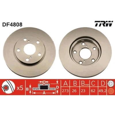 Bilde av TRW DF4808 Bremseskiver 273 26 5 62 ventilert spraylakkert TOYOTA: Auris Hatchback, Corolla X Sedan