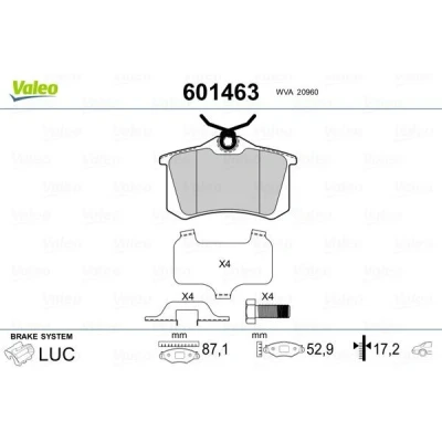 Bilde av VALEO 601463 Bremseklosser bakaksel med sikringsskruesett, antihyle blikk glideskinner PEUGEOT: 307 Stasjonsvogn, SW, Hatchback
