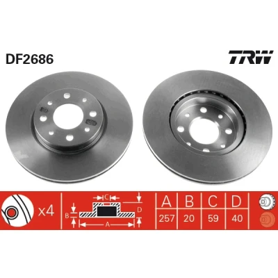 Bilde av TRW DF2686 Bremseskiver 257 20 4 98 ventilert spraylakkert FIAT: Punto II Hatchback, Doblo I Cargo, Strada Pick up, ALFA ROMEO: 155