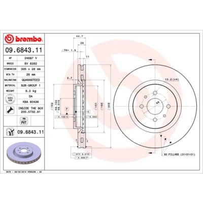Bilde av BREMBO COATED DISC LINE 09.6843.11 Bremseskiver 305 28 4 innvendig ventilert belagt med skruer