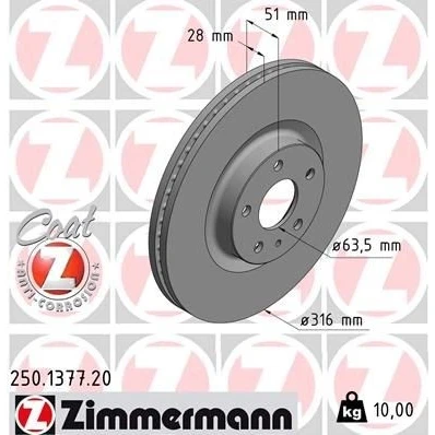 Bilde av ZIMMERMANN COAT Z 250.1377.20 Bremseskiver 316 28 6/5 5 108 innvendig ventilert belagt FORD: Mondeo Kombi