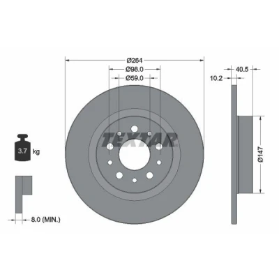 Bilde av TEXTAR PRO 92271703 Bremseskiver 264 10,2 05/10 98 fullt ut belagt uten hjullager, hjulfestebolt, hjulnav FIAT: 500L