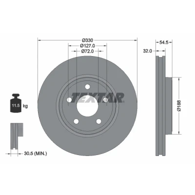 Bilde av TEXTAR PRO 92274803 Bremseskiver 330 32 05/05 127 utvendig ventilert belagt uten hjulfestebolt, hjulnav JEEP: GRAND CHEROKEE 4