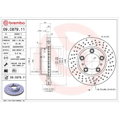 Bilde av BREMBO 09.C879.11 Bremseskiver 298 24 5 perforert / ventilert belagt høy karbon med skruer PORSCHE: Cayman