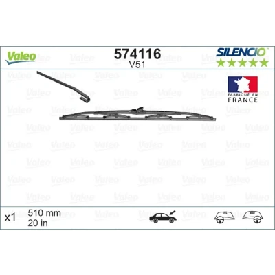 Bilde av Vindusvisker Valeo Silencio Standard, Conventional Single 574116 510mm foran Standard feste m/haker MITSUBISHI: Outlander 2 SUV, ASX SUV