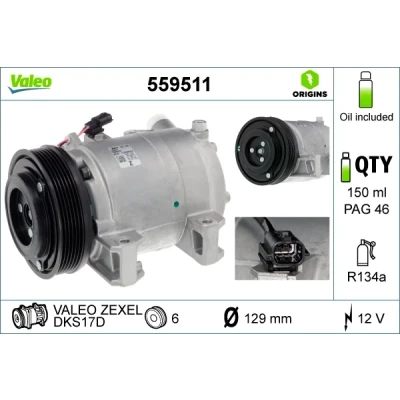 Bilde av VALEO 559511 Kompressor DKS17D 12 PAG 46 R 134a med kompressorlje