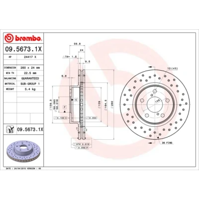 Bilde av BREMBO XTRA LINE 09.5673.1X Bremseskiver 260 24 5 perforert / ventilert belagt SUBARU: Impreza III Hatchback, II Sedan